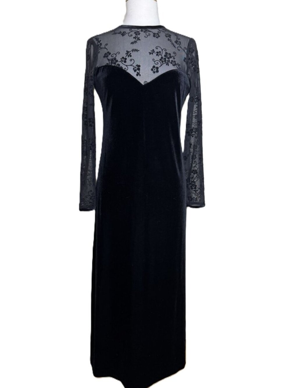 Vintage 90s Black Lace & Velvet Goth Maxi Dress, Long Sleeve, Size 6